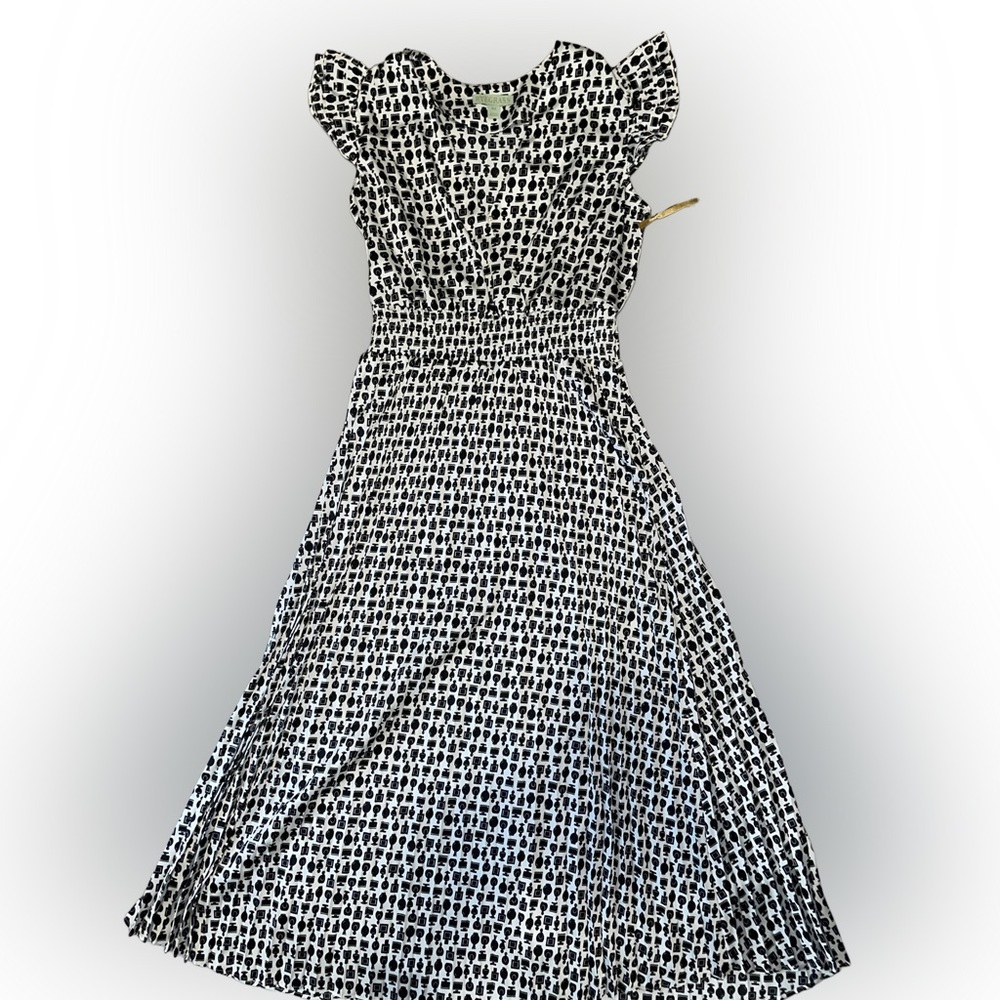 NWT Ryegrass Dress Womens XS Flutter Sleeve Black White Perfume Bottle Print